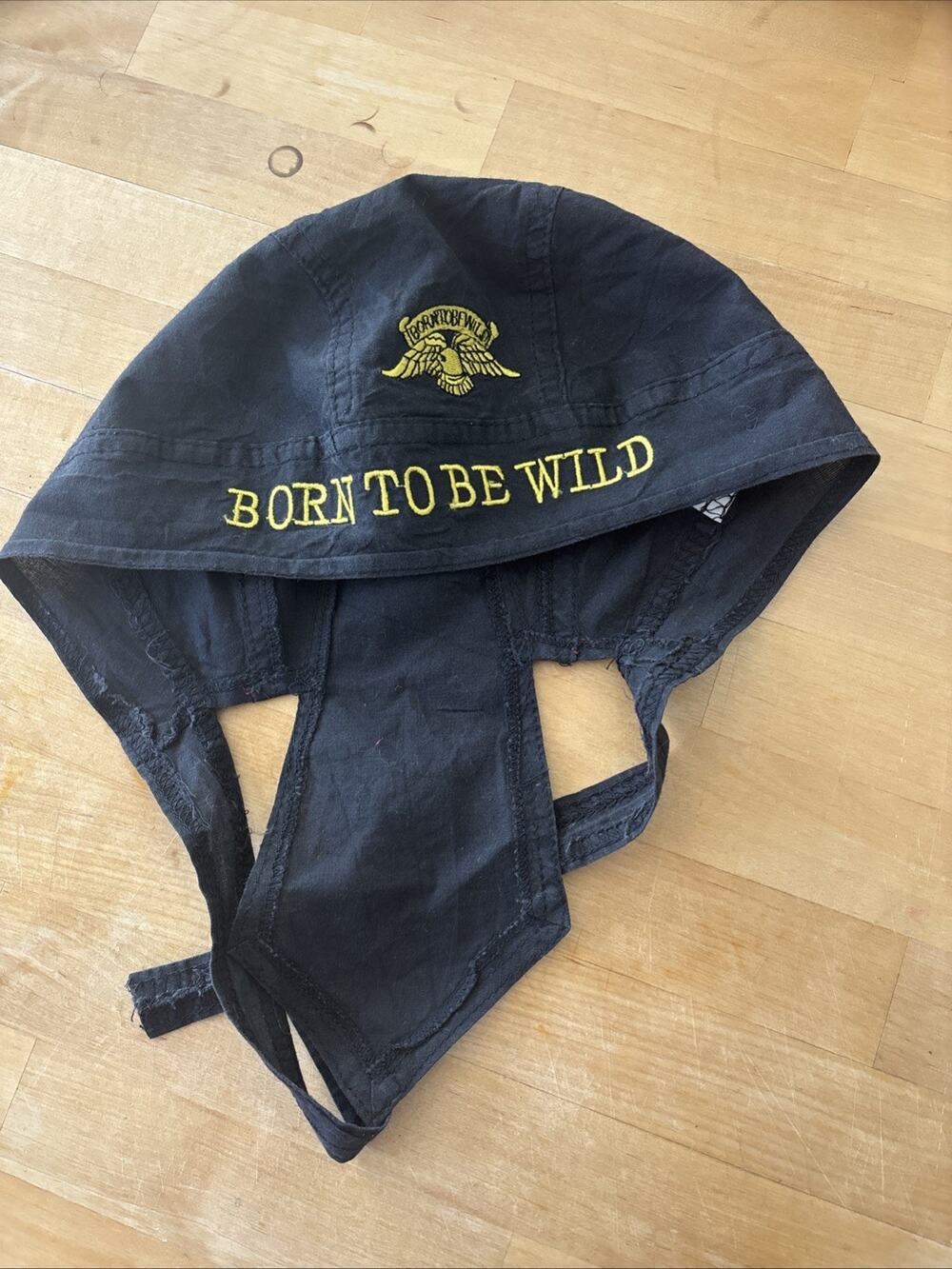 black cotton biker do-rag or skull cap With yellow embroidery Born to be Wild